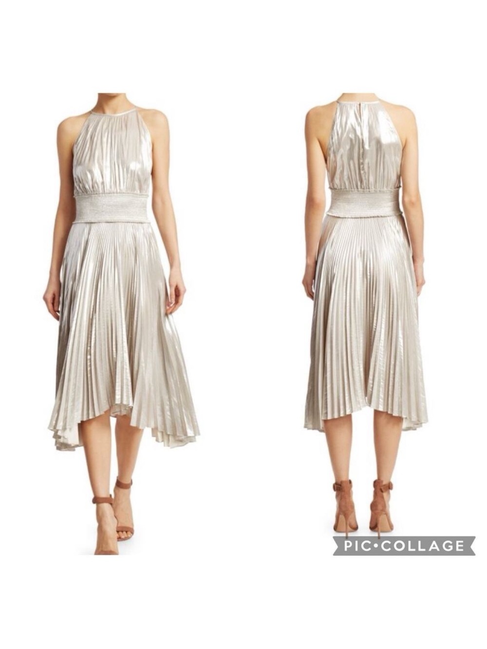 A.L.C. Silver Pleated High-Low Midi Dress